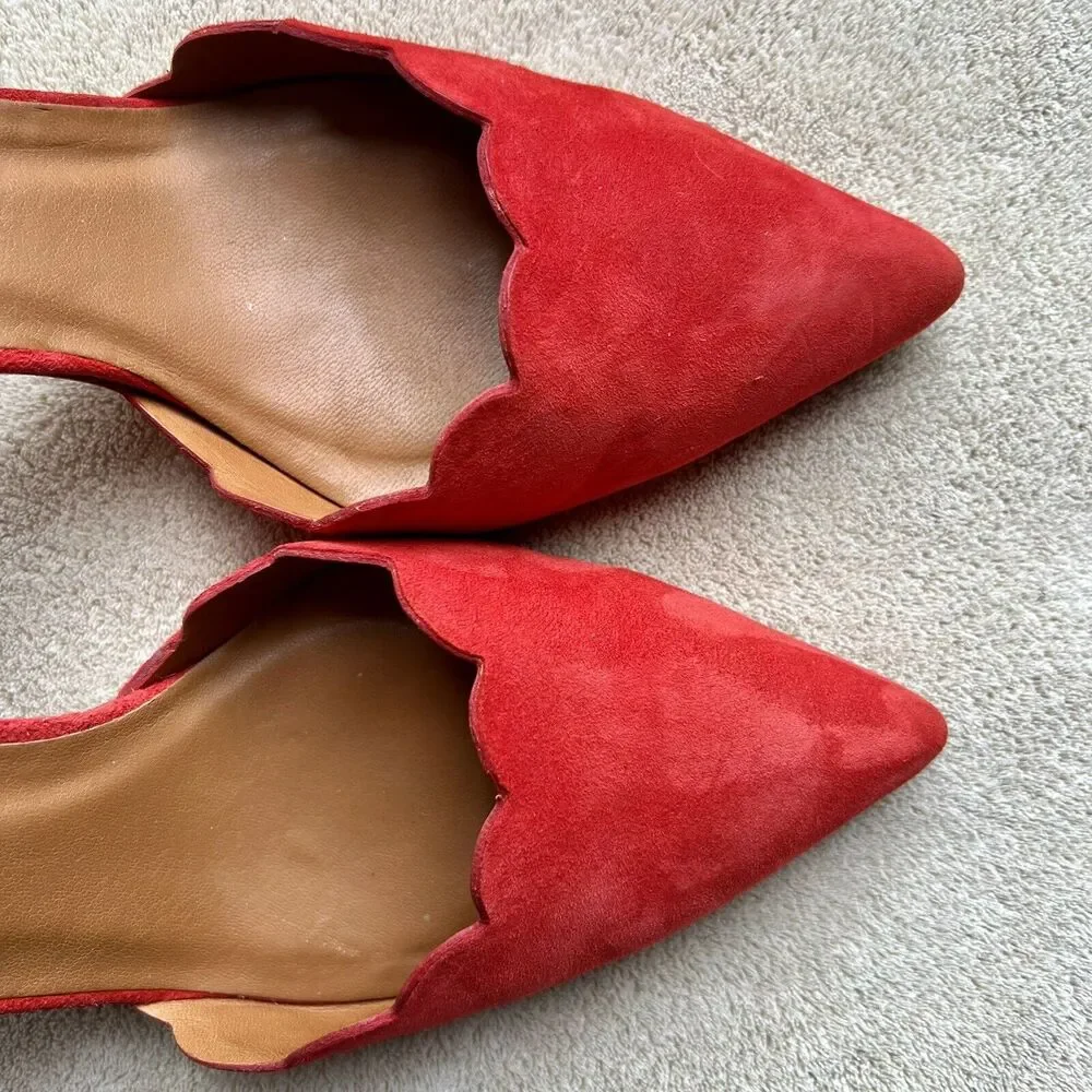 Minelli Spain Red Suede Scalloped Edge Pump Heel Ankle Strap Women EU 38 US‎ 7.5